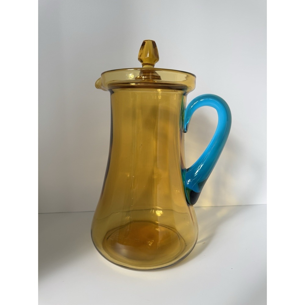 Vintage TIFFIN Glass Amber Optic Lidded Lemonade Pitcher w/ Applied Blue Handle
